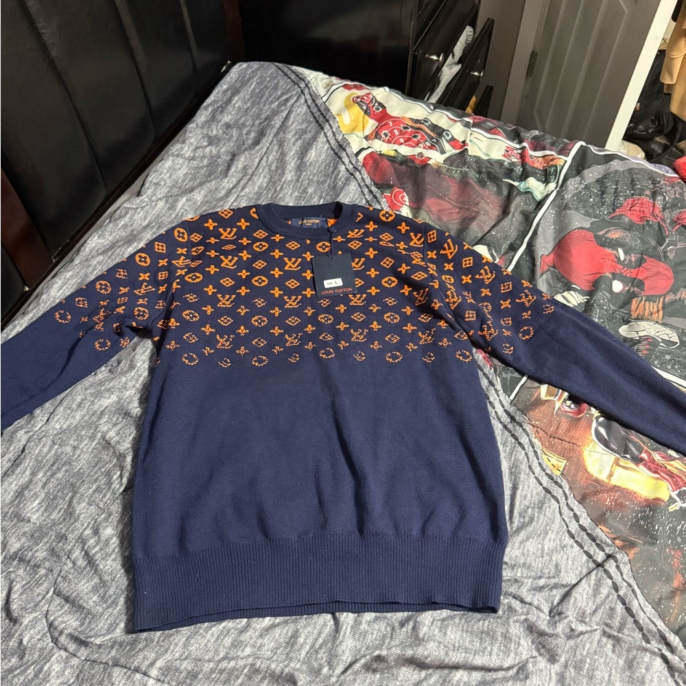 Size L Men Louis Vitton Designer Navy and Orange Men's Sweater